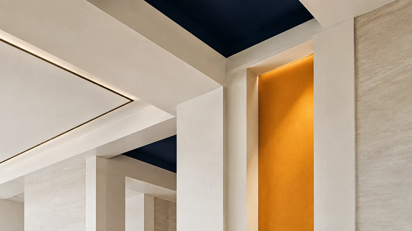 Conceptual architectural study of white ceiling planes and an orange inset